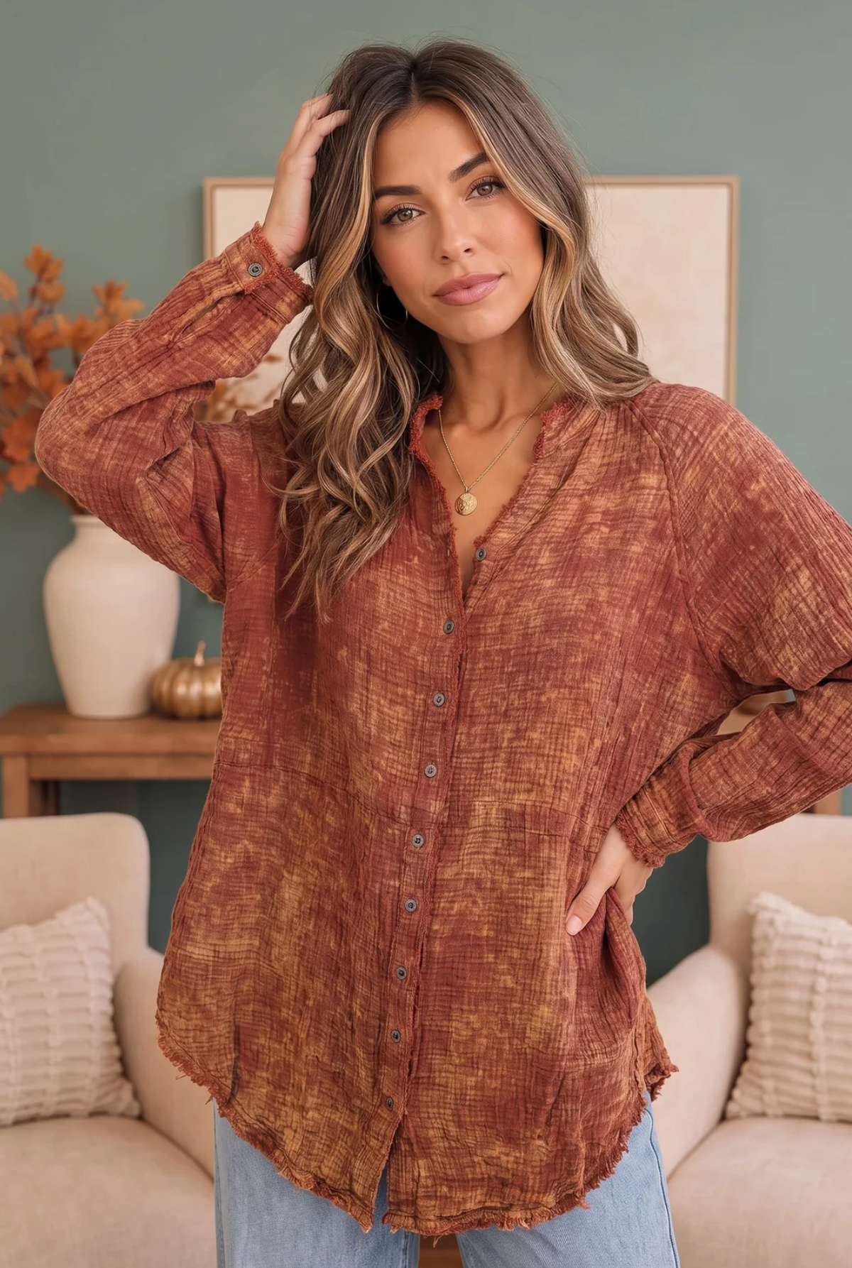 Rust & Gold Washed Button Down Gauze Shirt