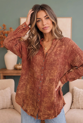 Rust & Gold Washed Button Down Gauze Shirt