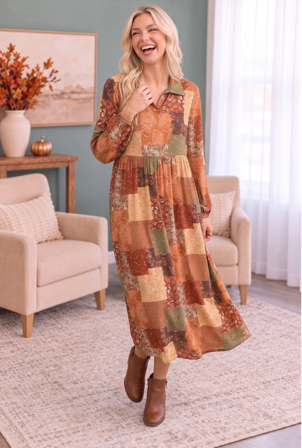 Patchwork Dreams Long Sleeve Midi Dress