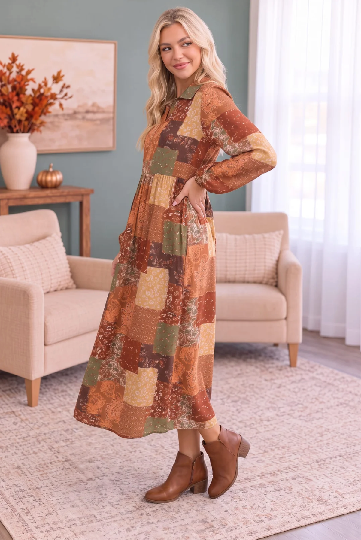 Patchwork Dreams Long Sleeve Midi Dress
