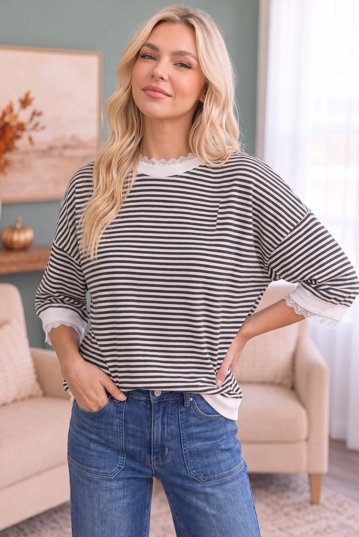 Stripe It Right Lace Trim Top