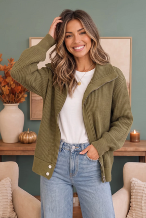 On Set Zip-Up Ribbed Sweater Jacket in Olive