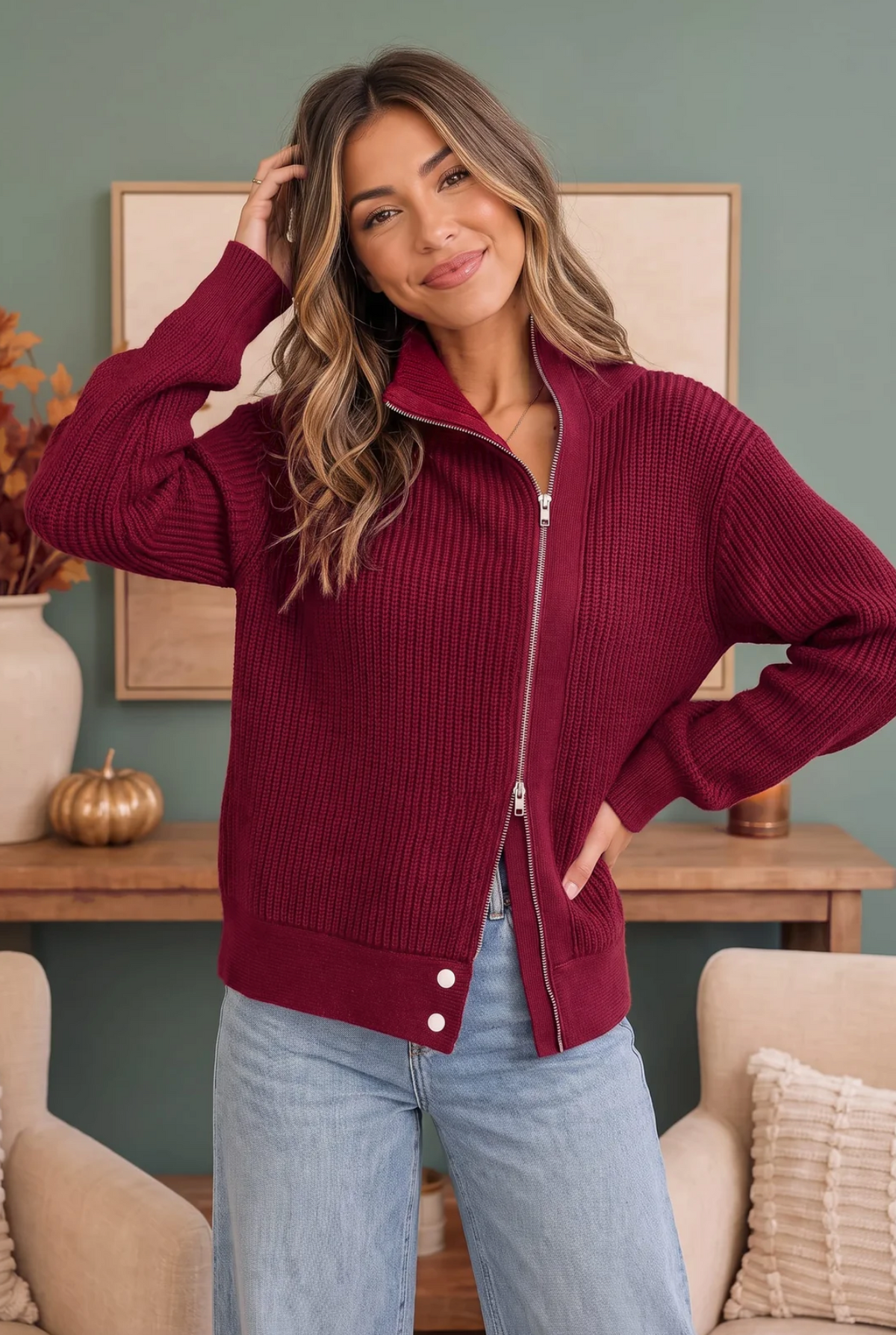 On Set Zip-Up Ribbed Sweater Jacket in Cranberry