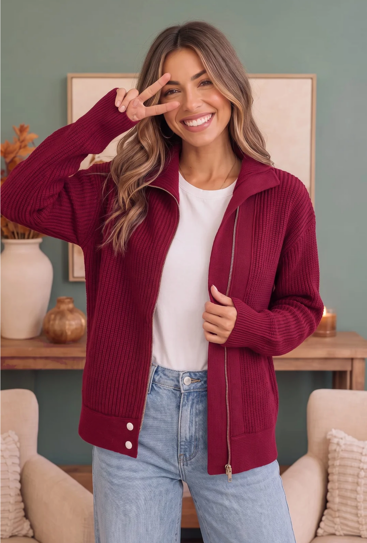 On Set Zip-Up Ribbed Sweater Jacket in Cranberry