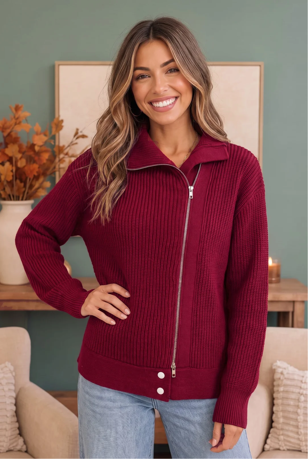 On Set Zip-Up Ribbed Sweater Jacket in Cranberry