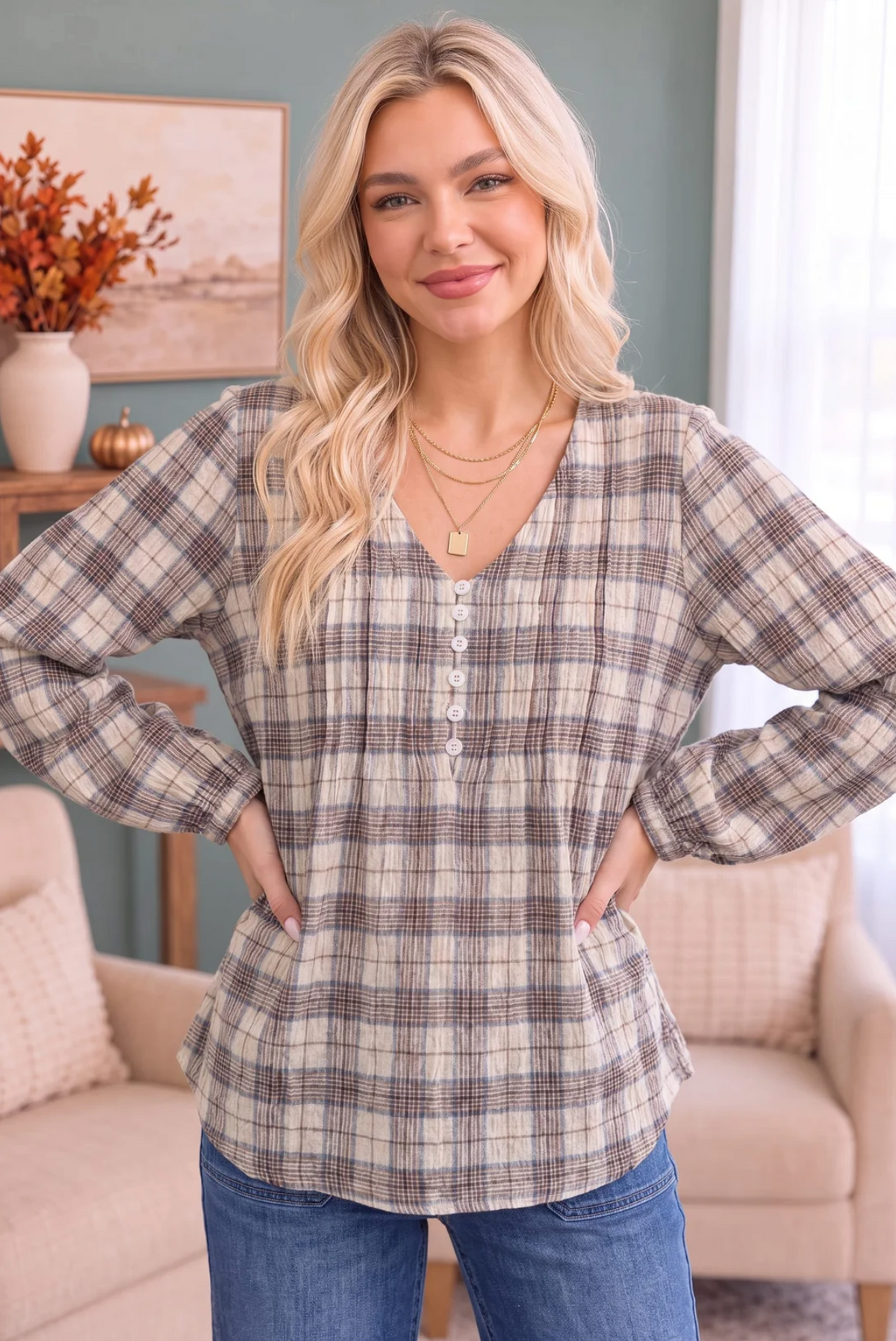 All in Check Pintuck Button Front Blouse