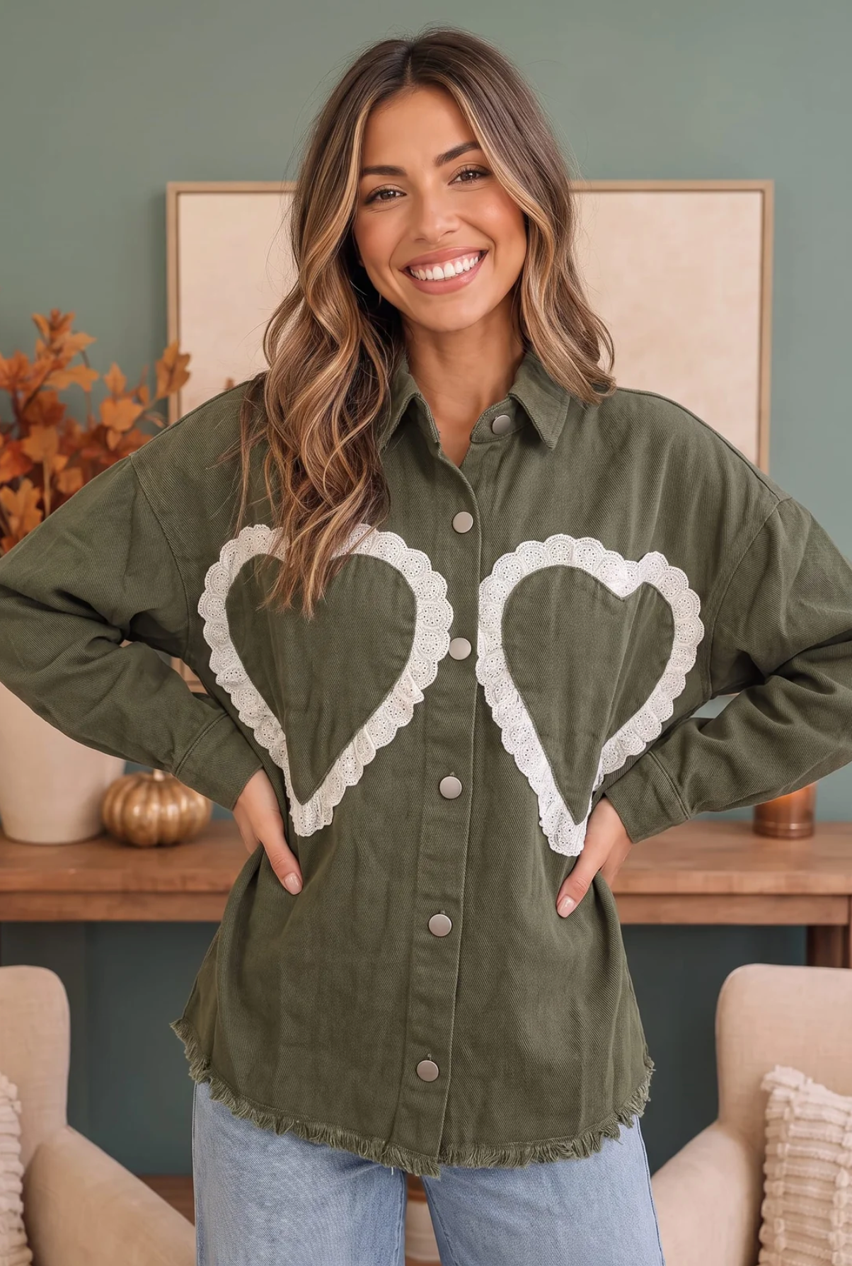 I Heart You Lace Applique Corduroy Shacket