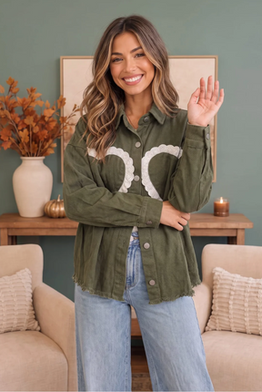 I Heart You Lace Applique Corduroy Shacket