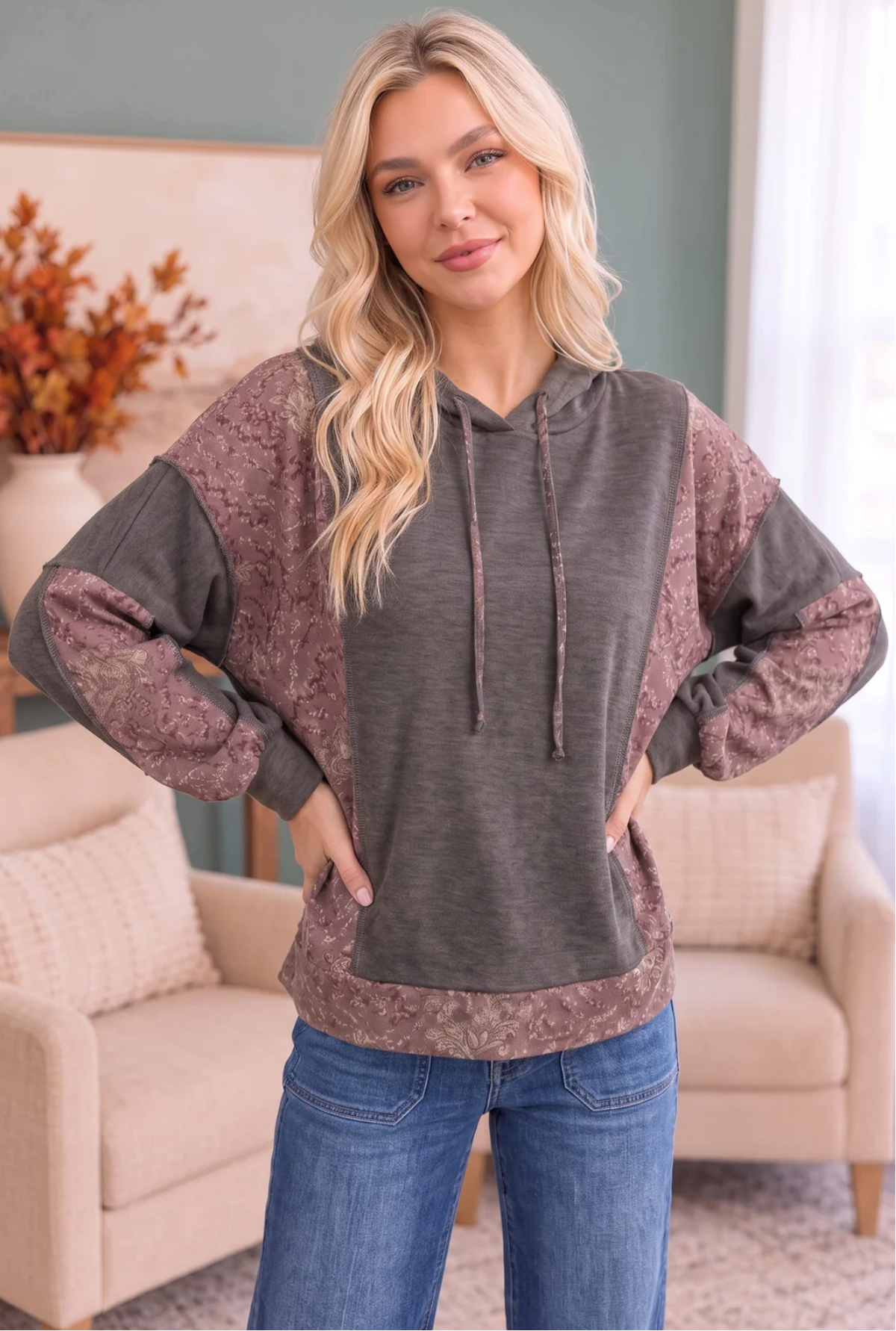 Mix and Match Patchwork Drawstring Hoodie