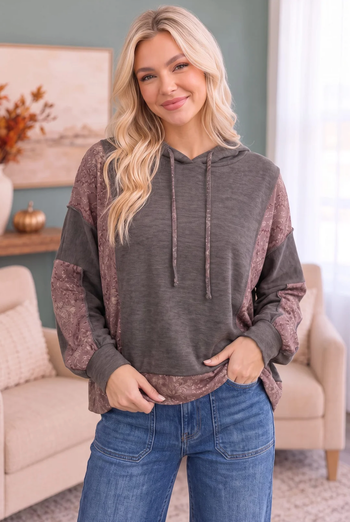 Mix and Match Patchwork Drawstring Hoodie