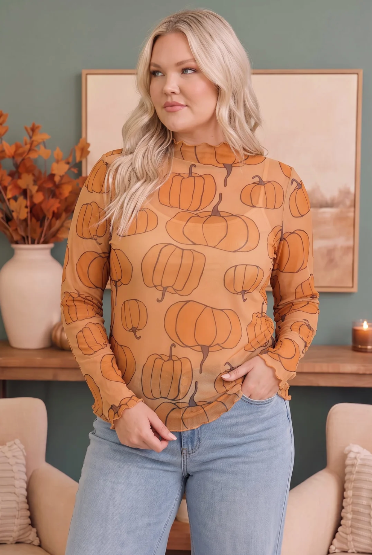 Pumpkin Patch Mesh Mock Neck Top
