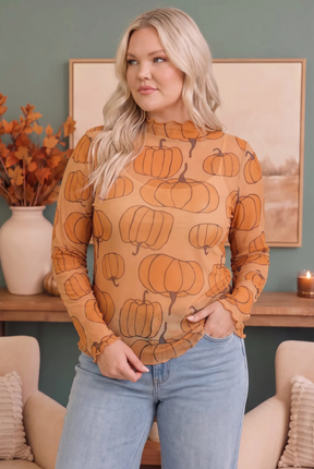 Pumpkin Patch Mesh Mock Neck Top