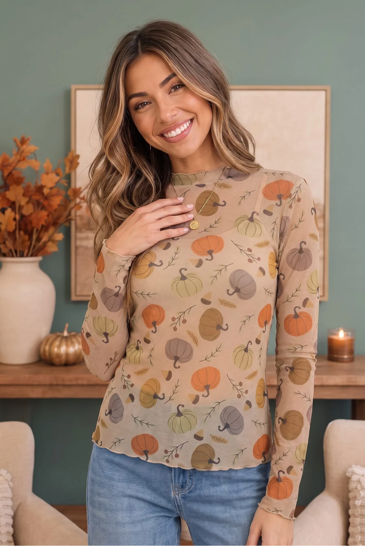 Pumpkin Patch Pretty Mesh Long Sleeve Top
