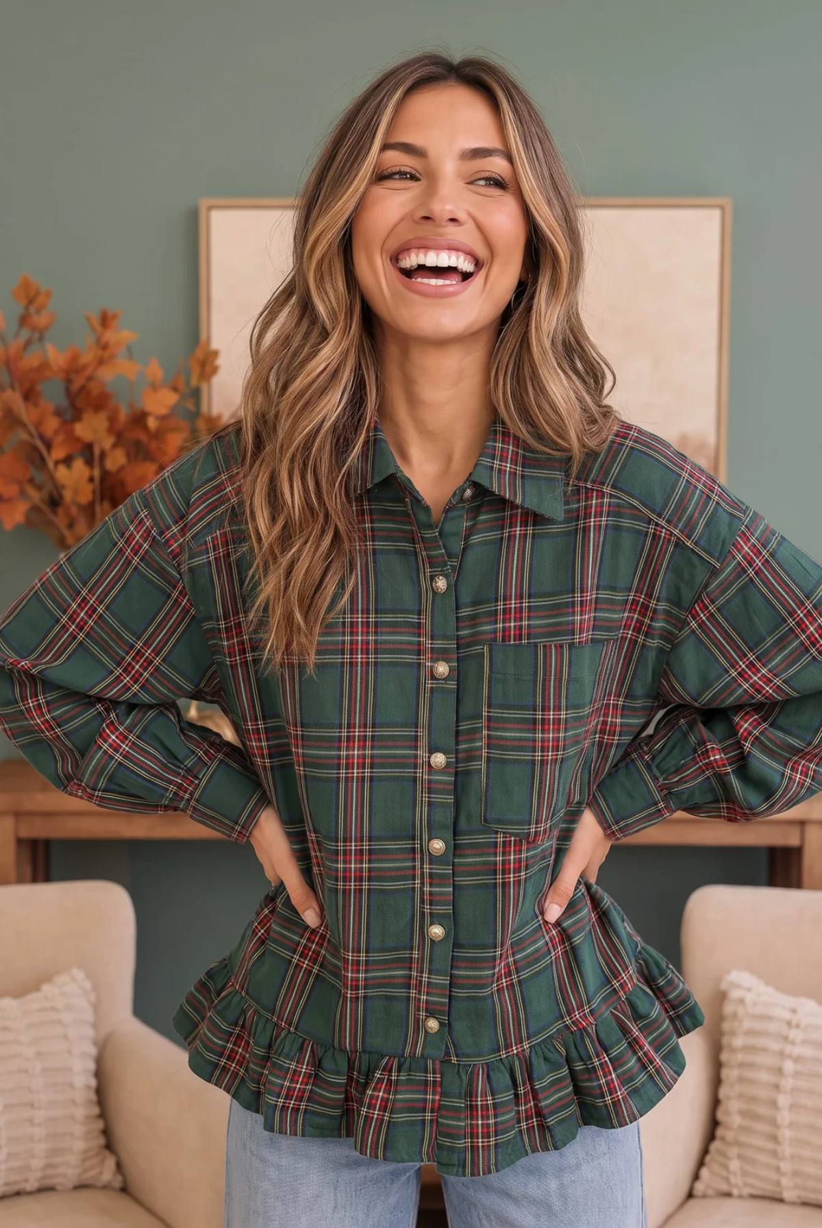 Ruffle the Rules Plaid Flannel Top in Green