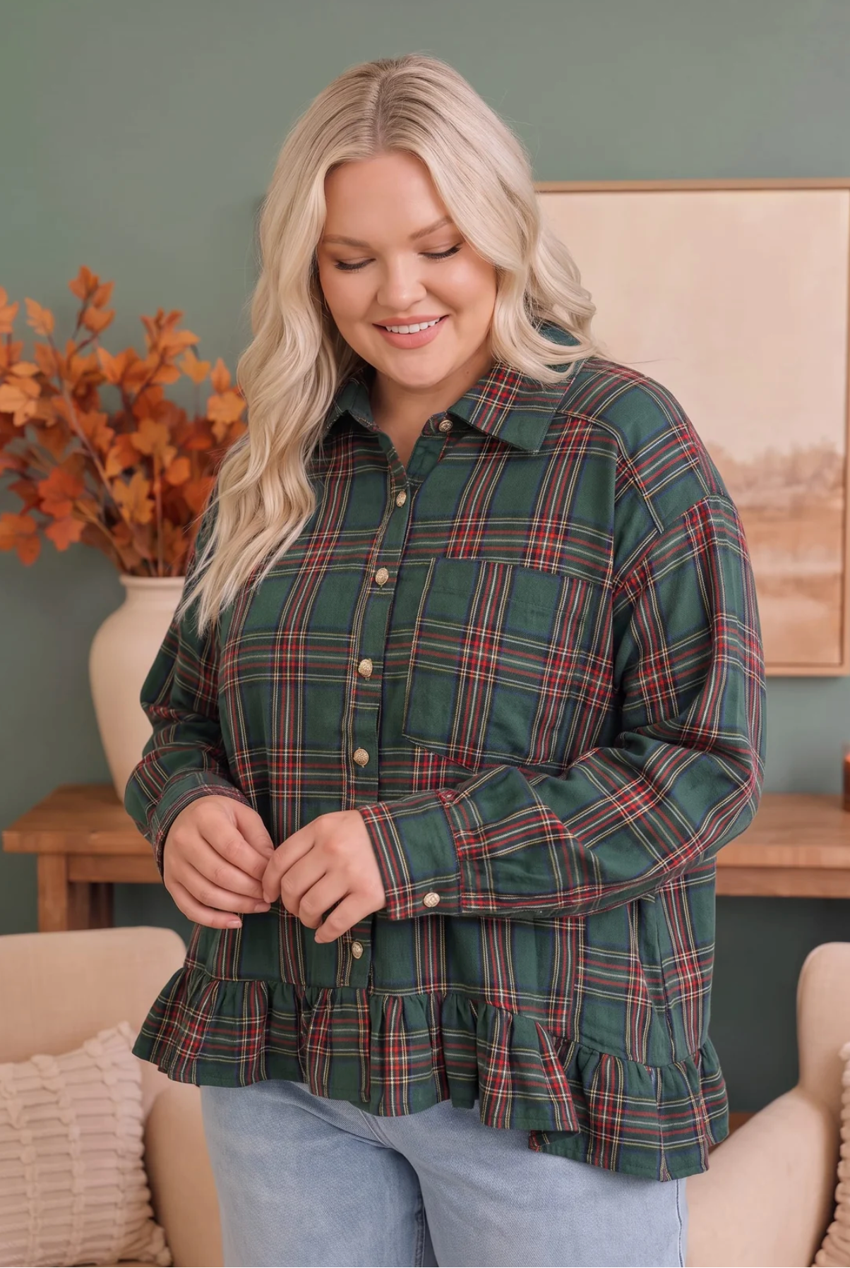 Ruffle the Rules Plaid Flannel Top in Green