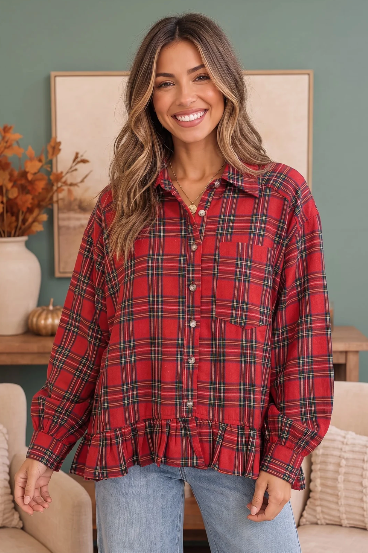 Ruffle the Rules Plaid Flannel Top in Red