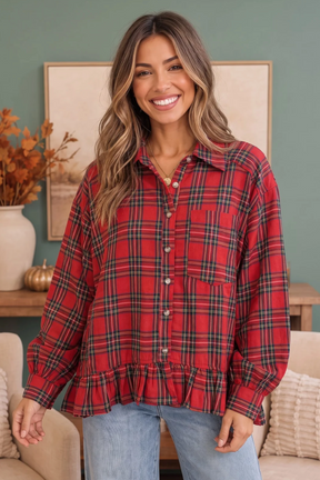Ruffle the Rules Plaid Flannel Top in Red