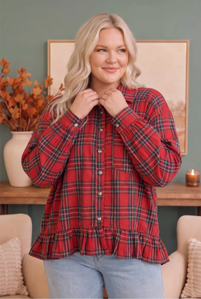 Ruffle the Rules Plaid Flannel Top in Red