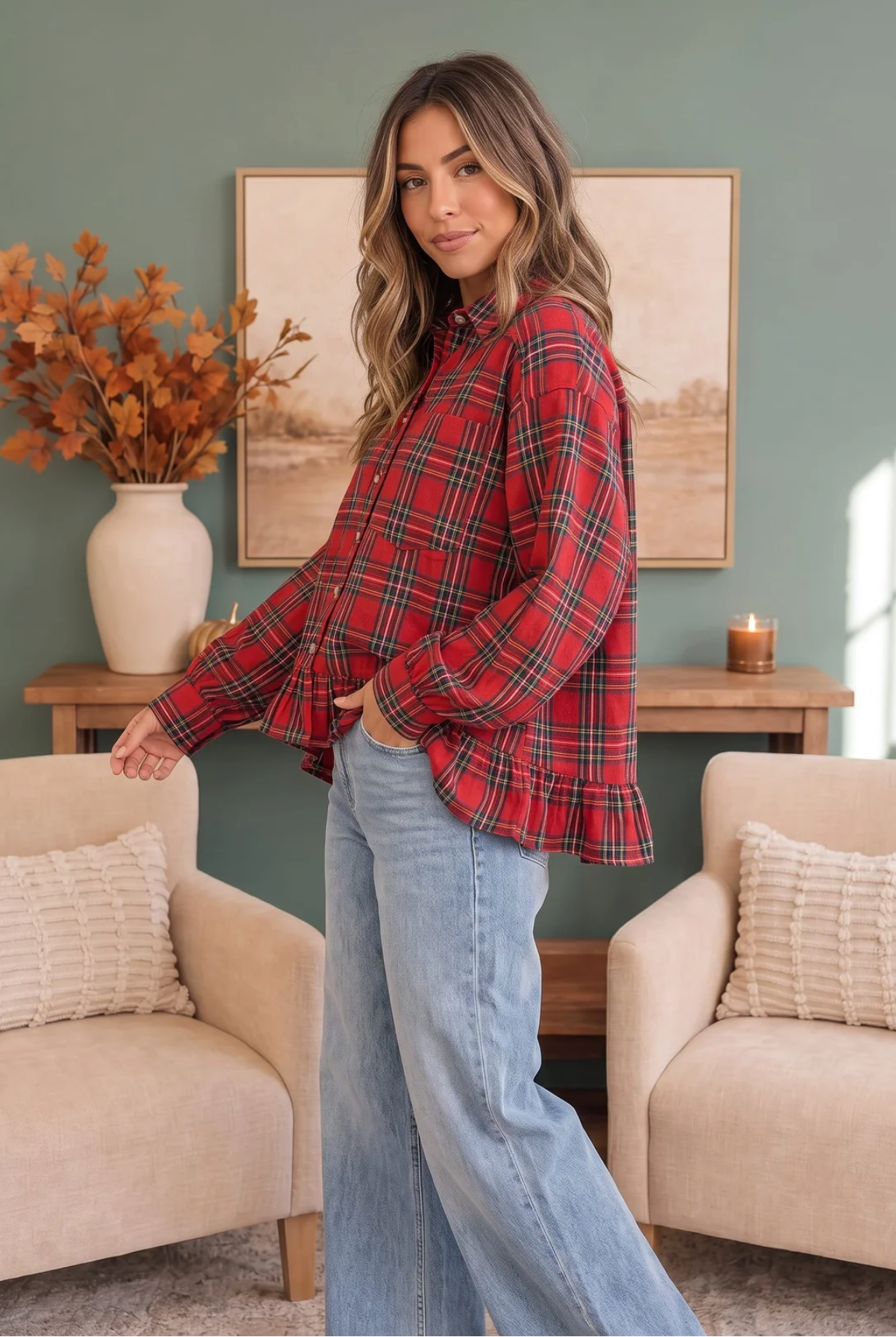 Ruffle the Rules Plaid Flannel Top in Red