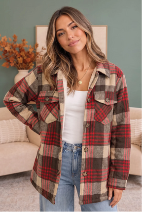 Cozy Plaid Sherpa Lined Shacket in Khaki Red