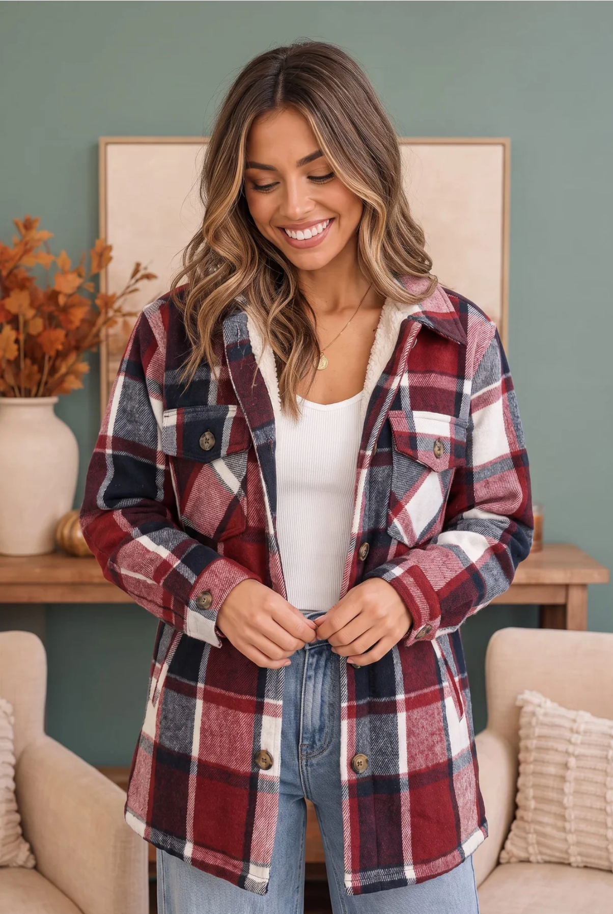 Cozy Cabin Vibes Sherpa Lined Flannel Shacket