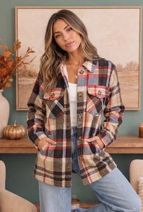 Cozy Plaid Sherpa Lined Shacket in Coffee