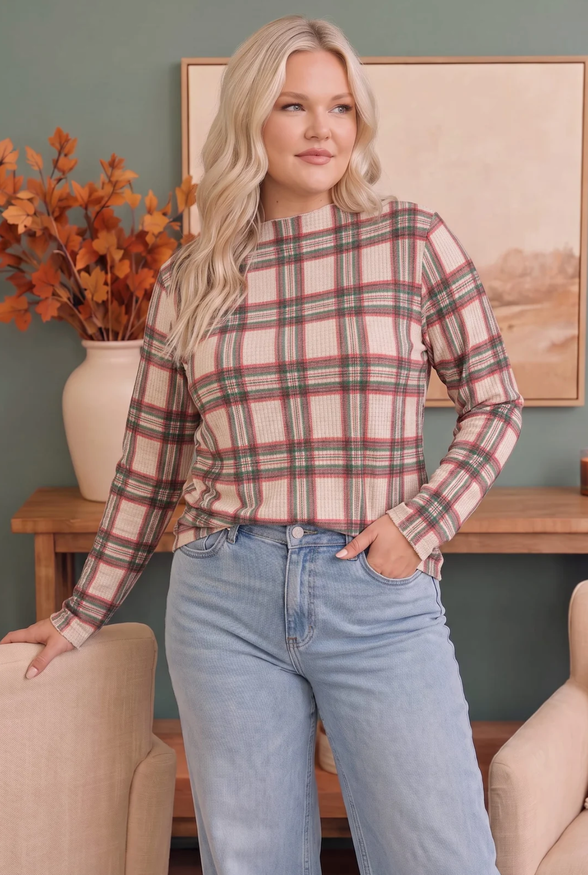 Plaid About You Mock Neck in Ivory