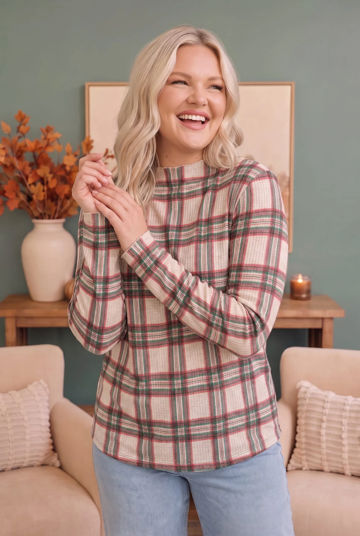 Plaid About You Mock Neck in Ivory