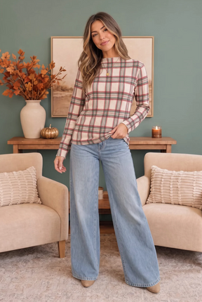 Plaid About You Mock Neck in Ivory