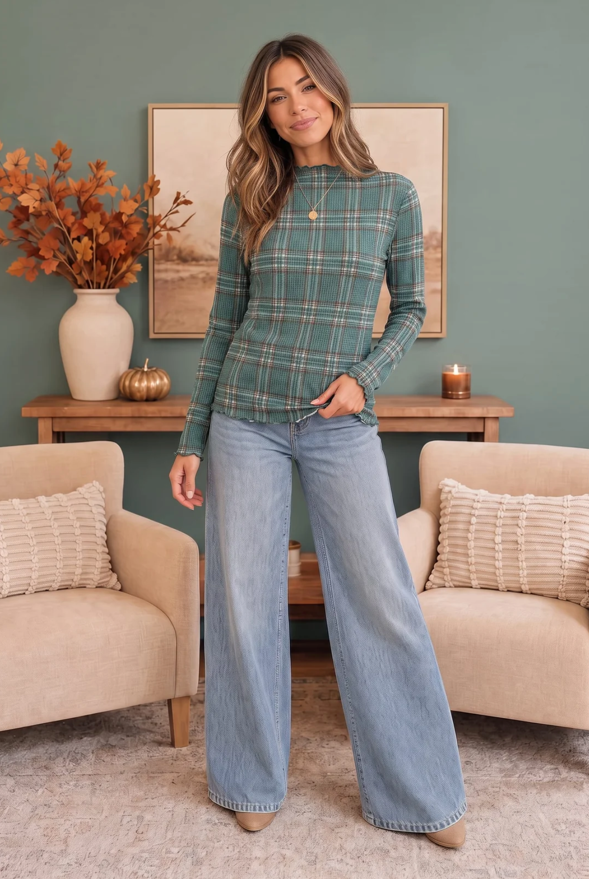 Plaid About You Mock Neck in Hunter Green