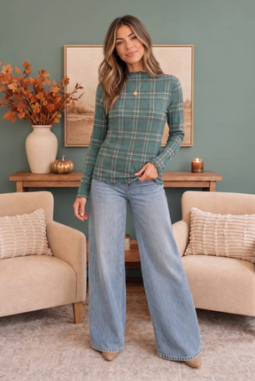 Plaid About You Mock Neck in Hunter Green