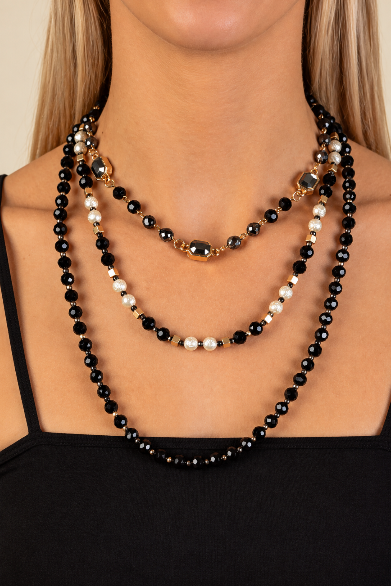 Black Layered Beaded Necklace - YF017BK