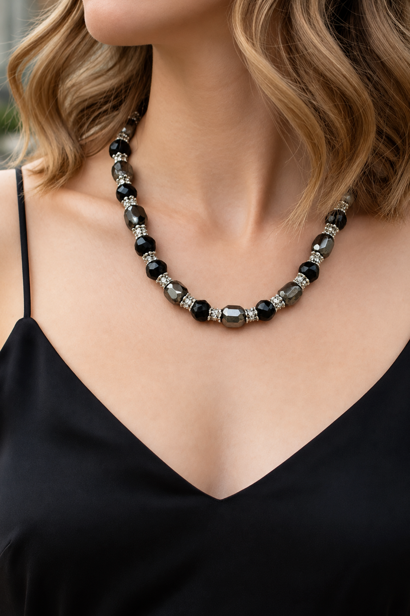 Crystal Black Beaded Necklace - YF019BK