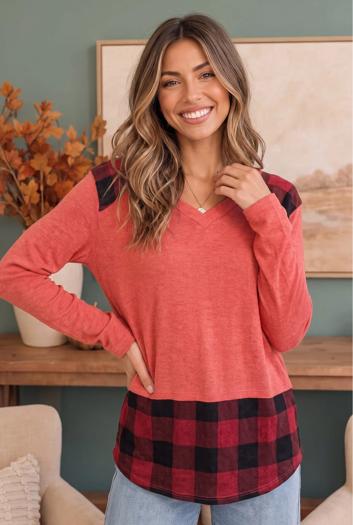 Plaid Patch Pullover in Coral