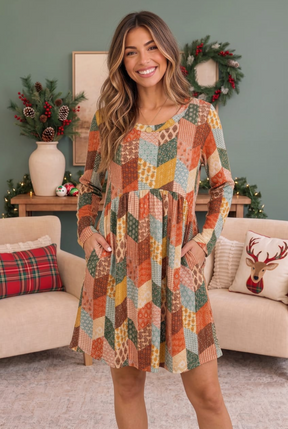 Patchwork Charm Long Sleeve Babydoll Dress