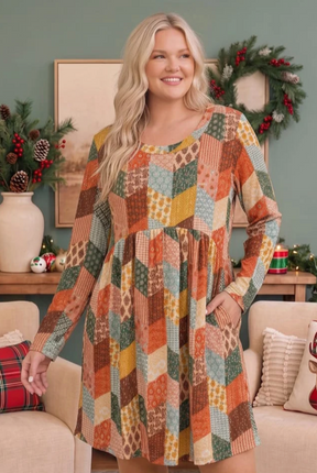Patchwork Charm Long Sleeve Babydoll Dress