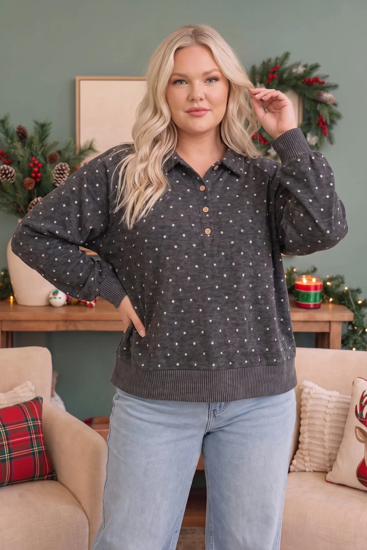 Cozy Dots and Button Stops Pullover