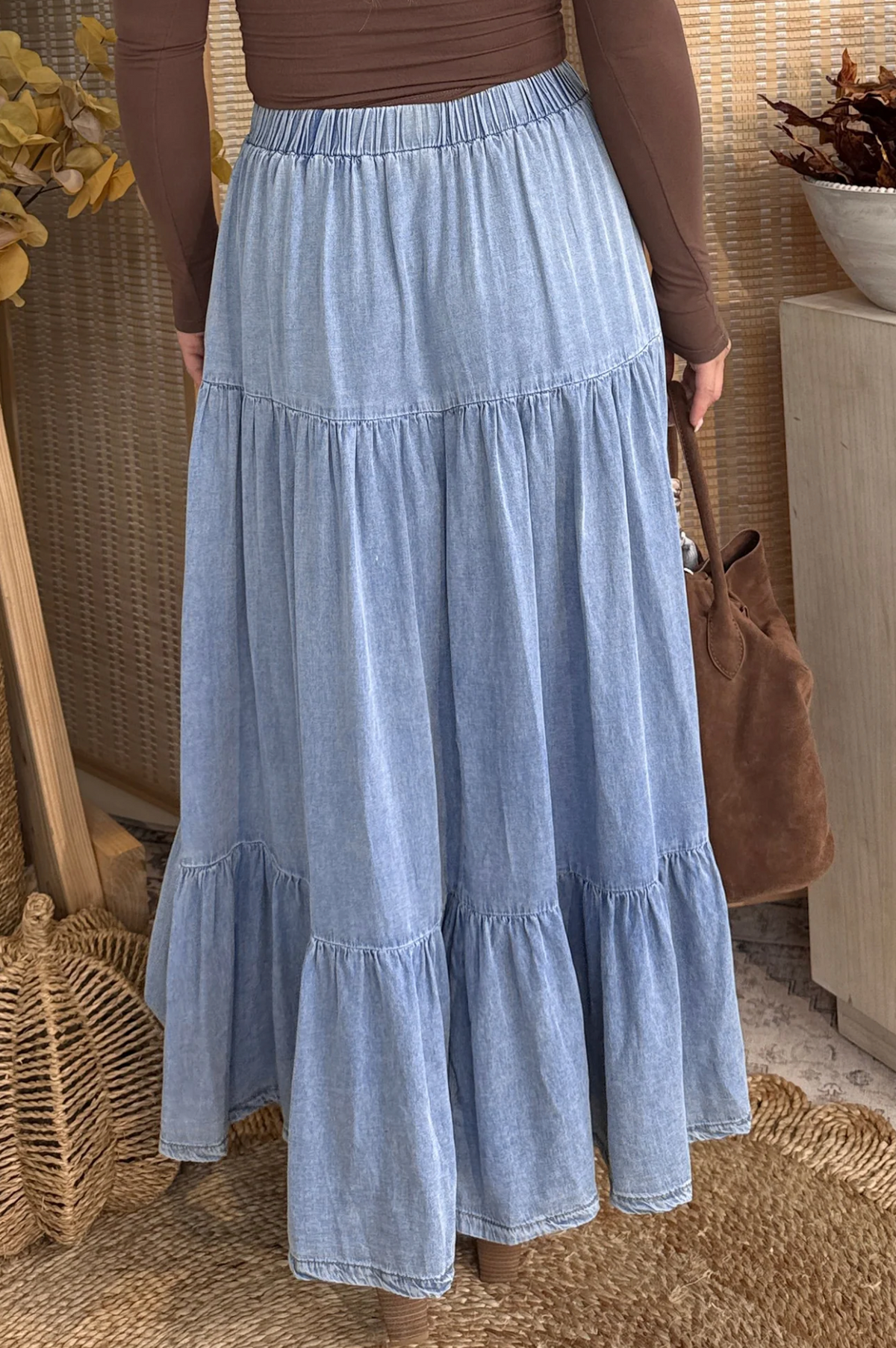 Denim Diva Ruffled Tiered Blue Maxi Skirt - SK012BL