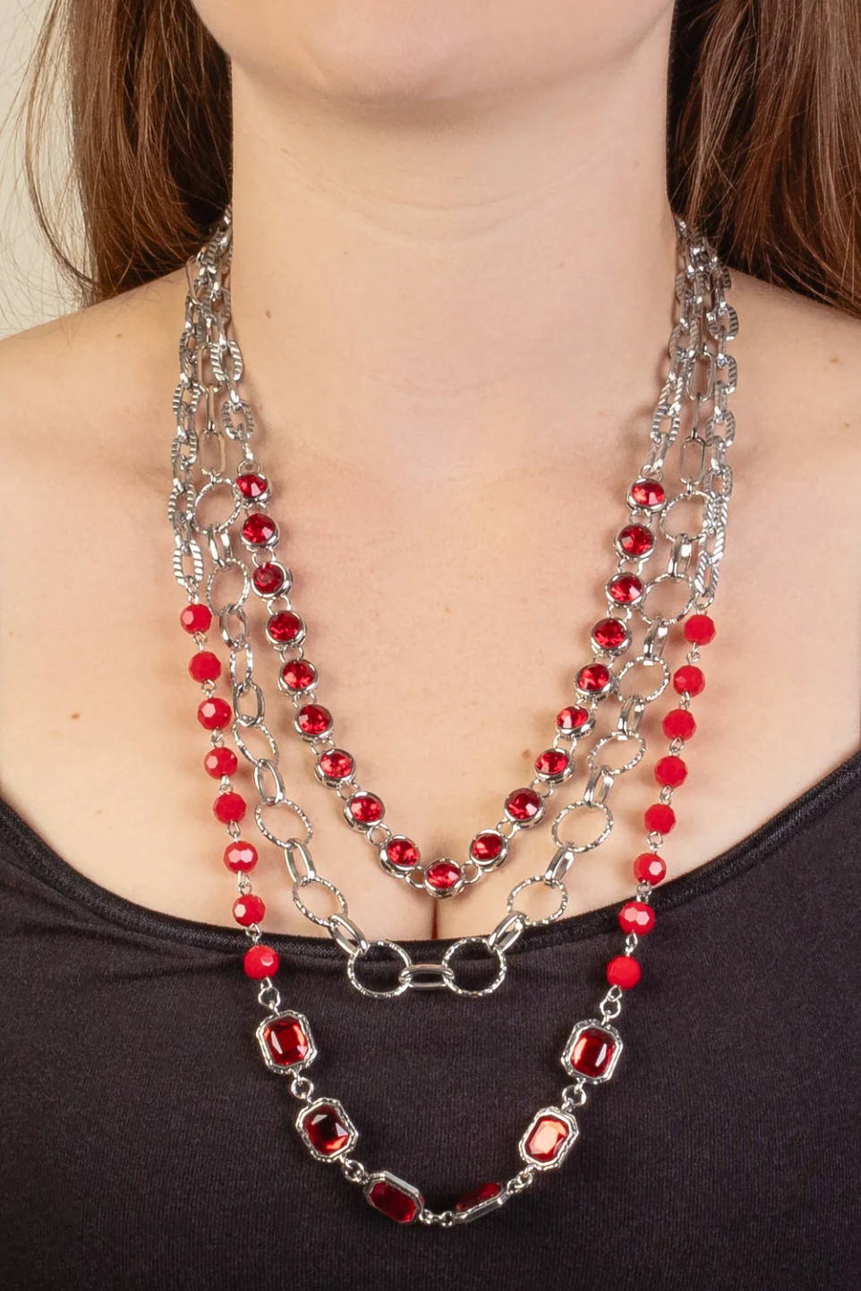 Red Layered Necklace - YF041RD