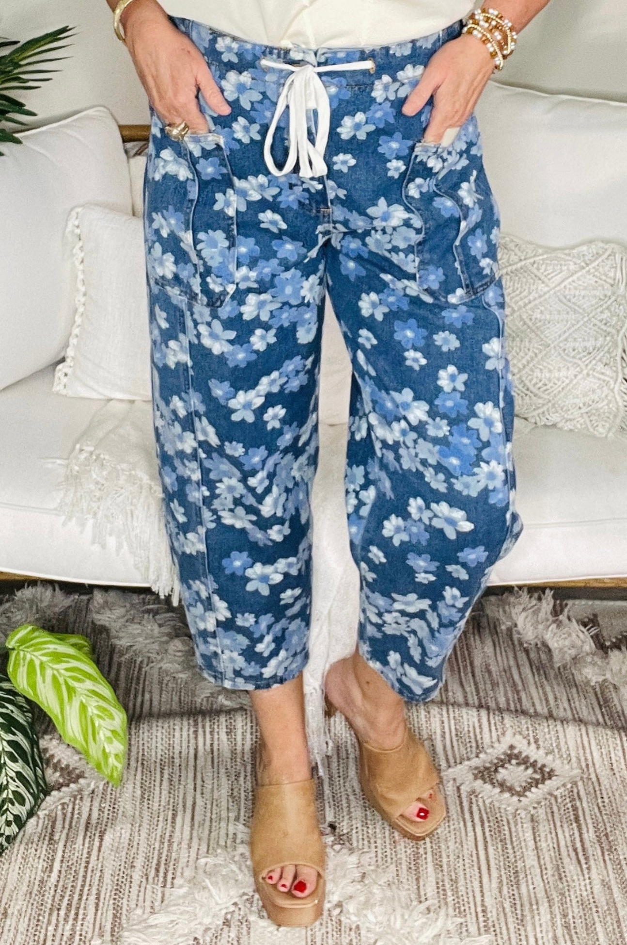 Boho Living Floral Printed Drawstring Barrel Jeans - J115DN