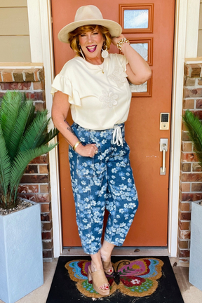 Boho Living Floral Printed Drawstring Barrel Jeans - J115DN