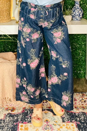 Vintage Rose Floral Print Wide Leg Jeans - J121DN