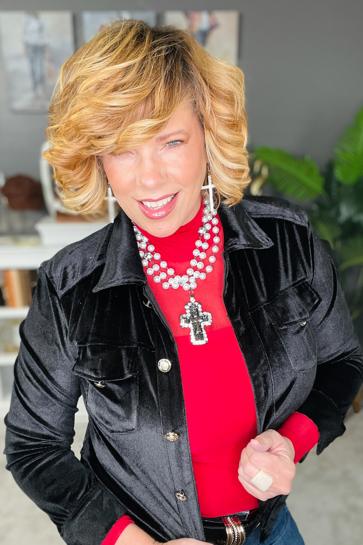 Pearl Triple Strand Bling Cross Necklace - N055PR