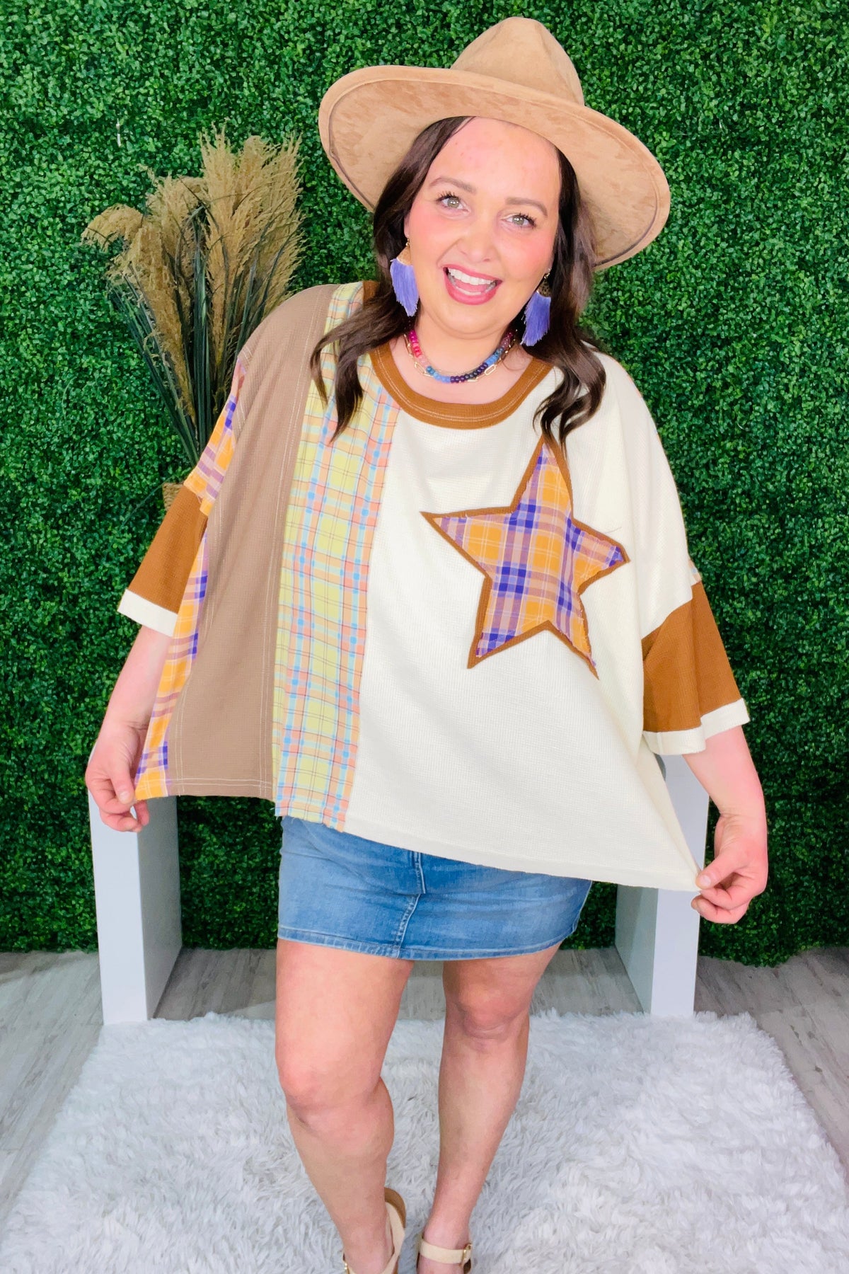 Written In The Stars Plaid Star Patch Top