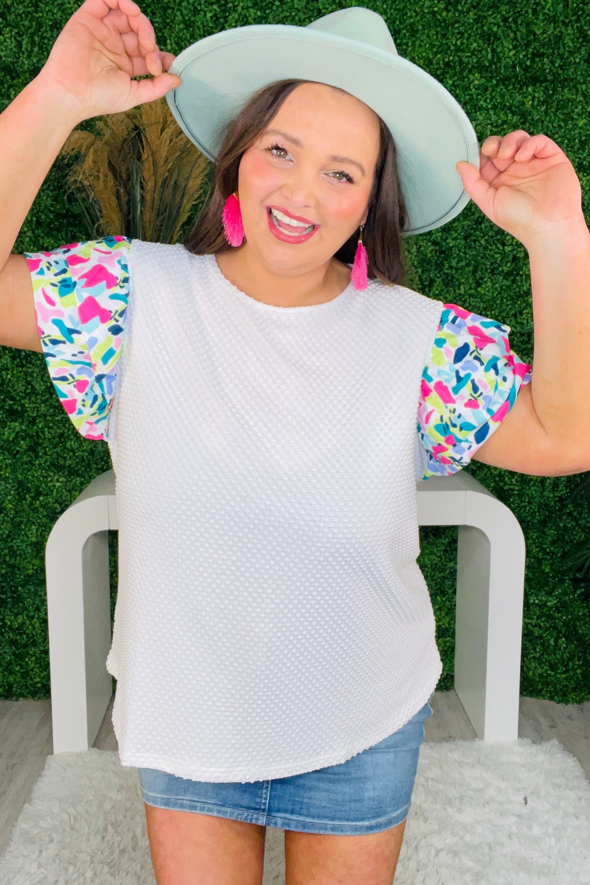 One Day At A Time White With Printed Sleeves Top - T11333WH