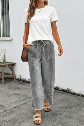 Worth Your While Gray Drawstring Wide Leg Denim Pant