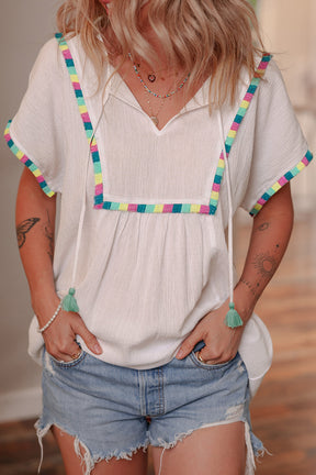 The Perfect Touch Colorful Fringed Detail Top