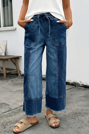 Worth Your While Dark Blue Drawstring Wide Leg Denim Pant