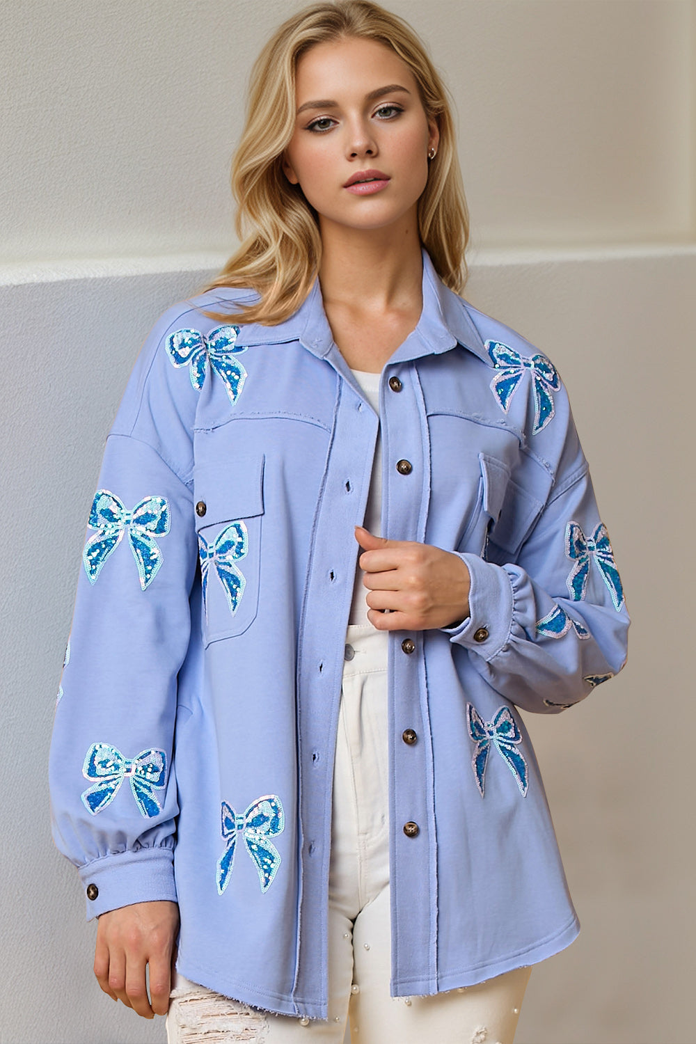 Bow-ti-Ful Sequin Bow Button Up Light Blue Shacket - O5780BL