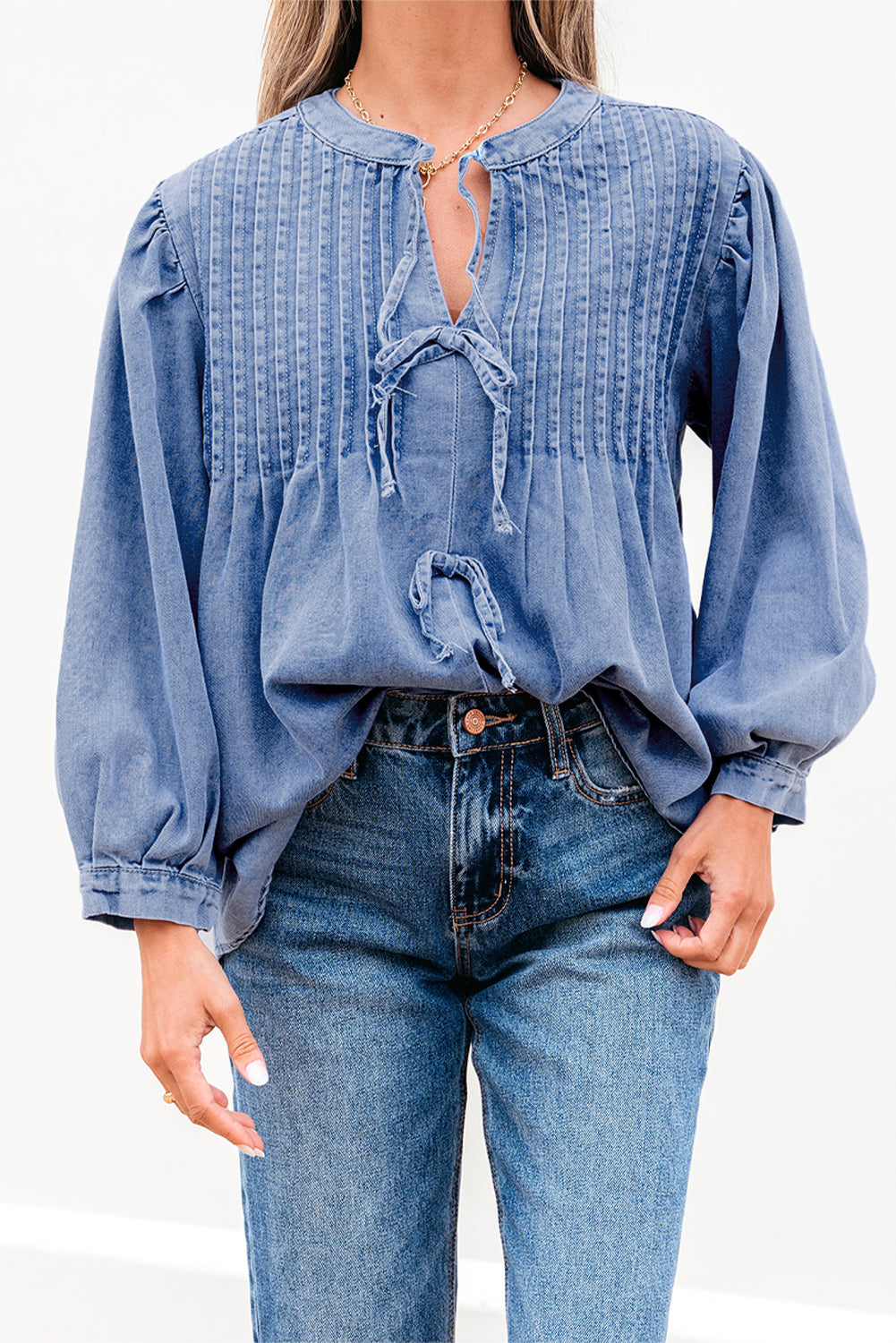 So Little Time Denim Front Bow Tie Top